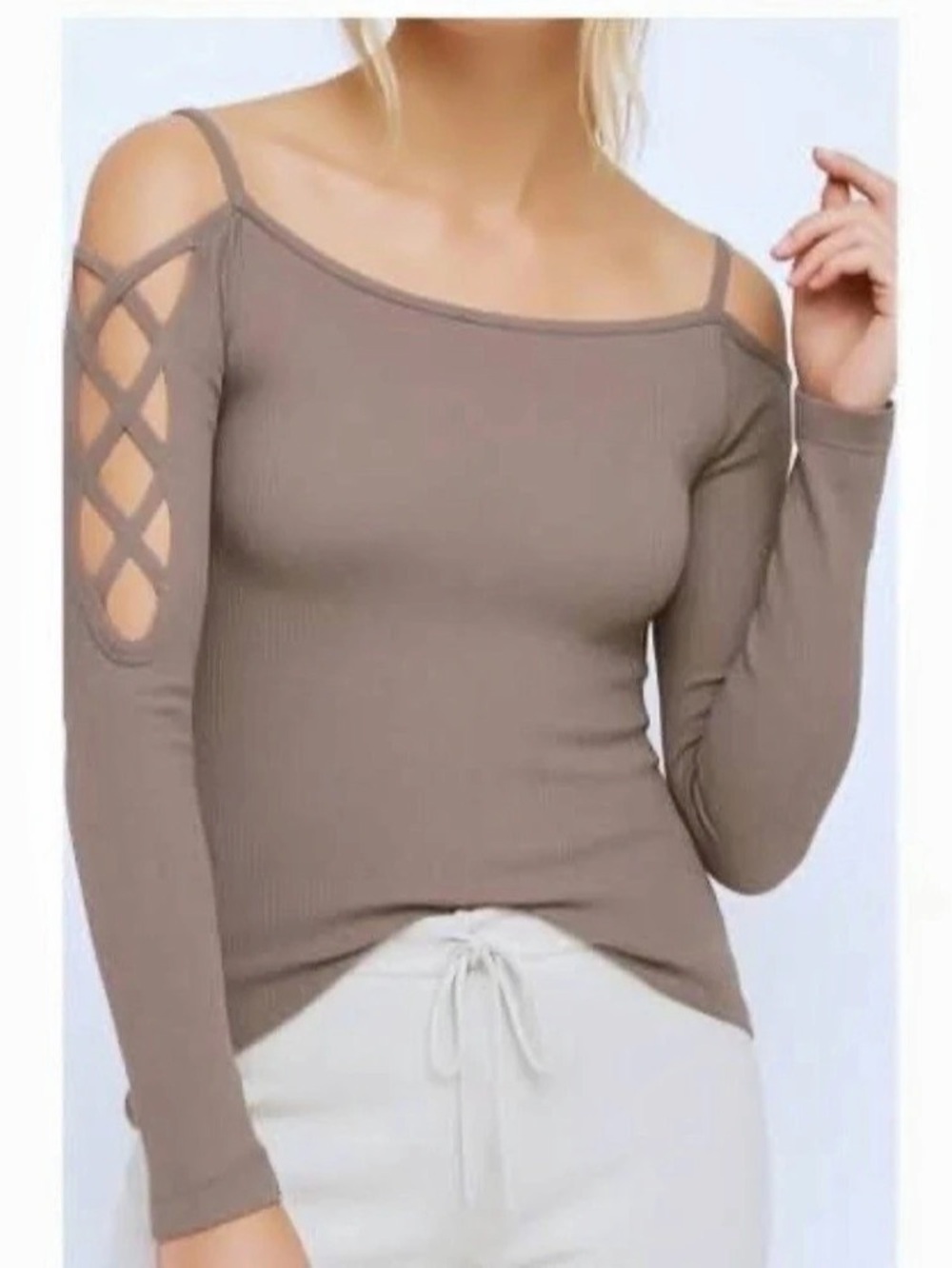 Intimately Free People Lattice Cold Shoulder Seamless Top Taupe Brown Ribbed M/L